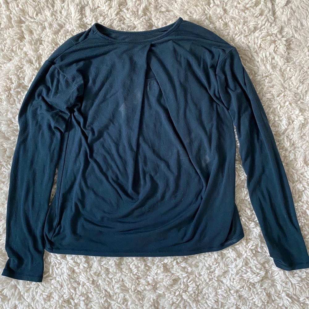 dark turquoise open back long sleeve shirt